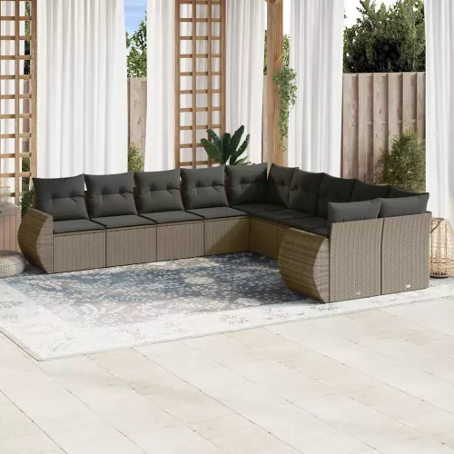  10 részes világosszürke polyrattan kerti ülőgarnitúra párnákkal