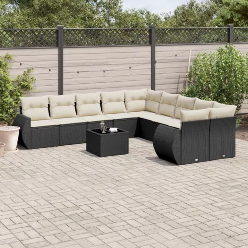  11 részes fekete polyrattan kerti ülőgarnitúra párnákkal