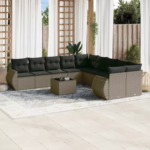 11 részes világosszürke polyrattan kerti ülőgarnitúra párnákkal