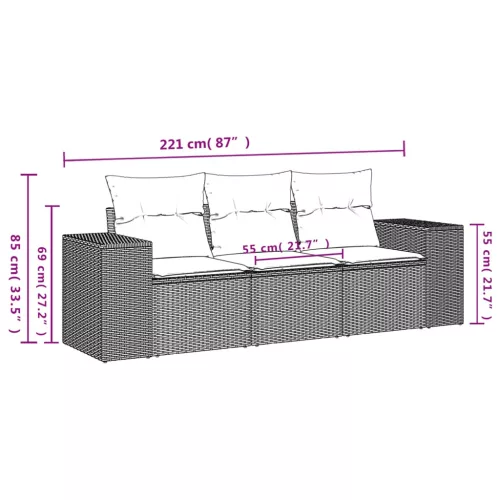  3 részes fekete polyrattan kerti ülőgarnitúra párnával