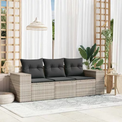  3 részes világosszürke polyrattan kerti ülőgarnitúra párnával