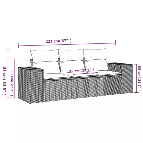  3 részes világosszürke polyrattan kerti ülőgarnitúra párnával