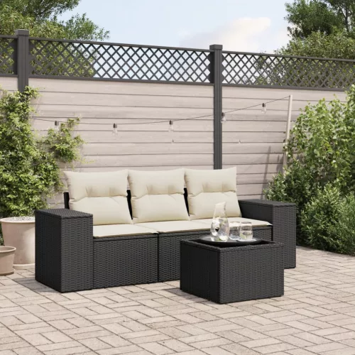  4 részes fekete polyrattan kerti ülőgarnitúra párnákkal