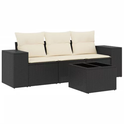  4 részes fekete polyrattan kerti ülőgarnitúra párnákkal