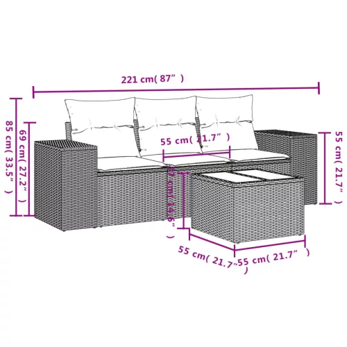  4 részes fekete polyrattan kerti ülőgarnitúra párnákkal