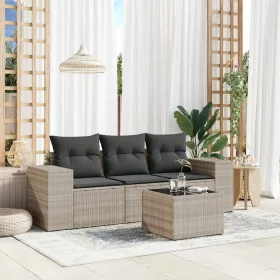    4 részes világosszürke polyrattan kerti ülőgarnitúra párnákkal