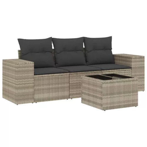  4 részes világosszürke polyrattan kerti ülőgarnitúra párnákkal