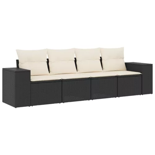  4 részes fekete polyrattan kerti ülőgarnitúra párnákkal