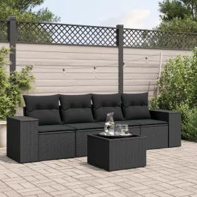  5 részes fekete polyrattan kerti kanapészett párnákkal