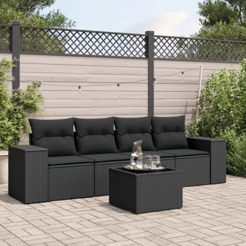 5 részes fekete polyrattan kerti kanapészett párnákkal