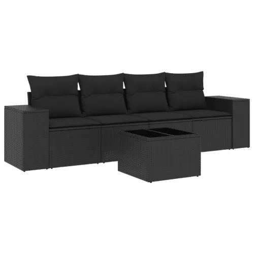  5 részes fekete polyrattan kerti kanapészett párnákkal