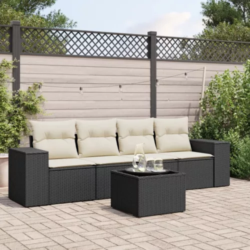  5 részes fekete polyrattan kerti kanapészett párnákkal