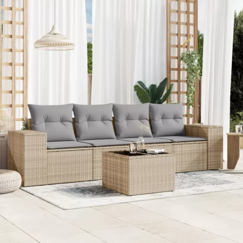  5 részes bézs polyrattan kerti ülőgarnitúra párnákkal