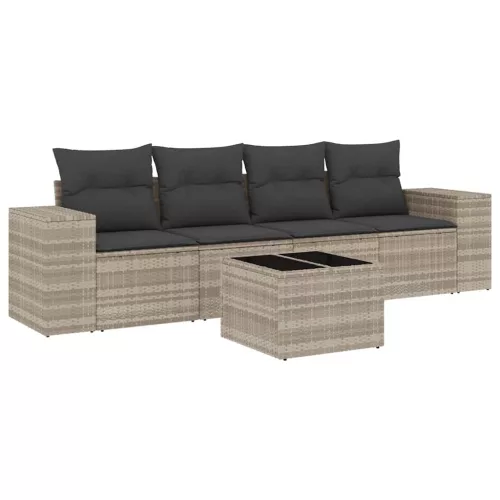  5 részes világosszürke polyrattan kerti ülőgarnitúra párnákkal