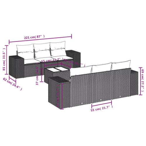  7 részes fekete polyrattan kerti ülőgarnitúra párnával