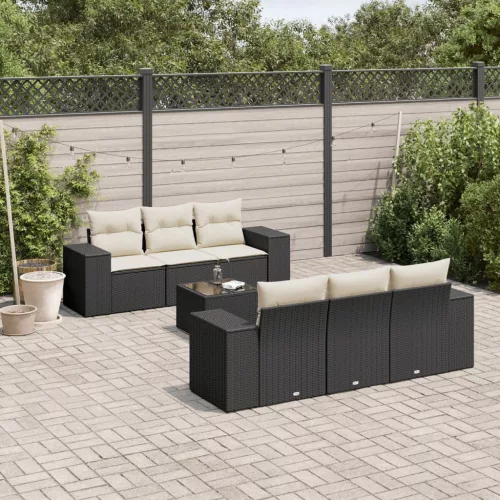  7 részes fekete polyrattan kerti ülőgarnitúra párnával