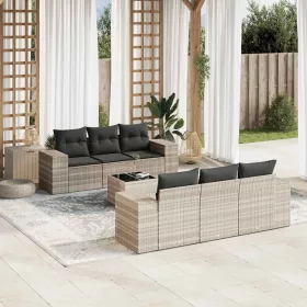   7 részes világosszürke polyrattan kerti ülőgarnitúra párnákkal