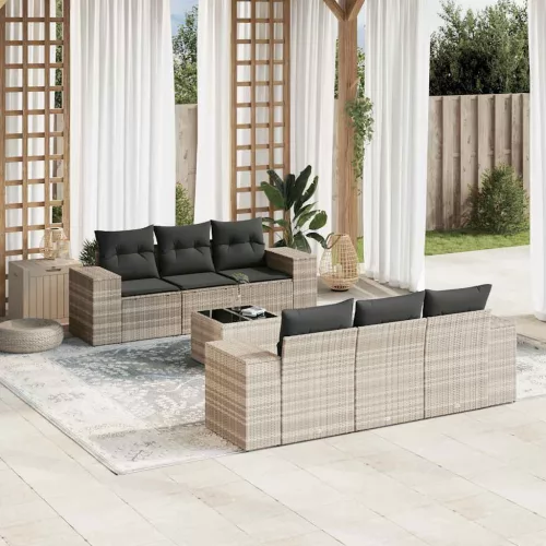  7 részes világosszürke polyrattan kerti ülőgarnitúra párnákkal