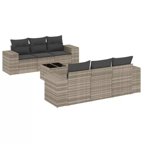  7 részes világosszürke polyrattan kerti ülőgarnitúra párnákkal