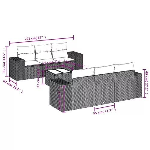  7 részes világosszürke polyrattan kerti ülőgarnitúra párnákkal