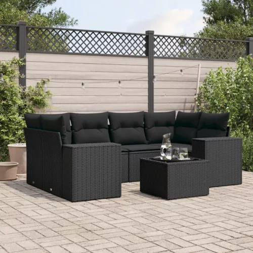  7 részes fekete polyrattan kerti ülőgarnitúra párnával
