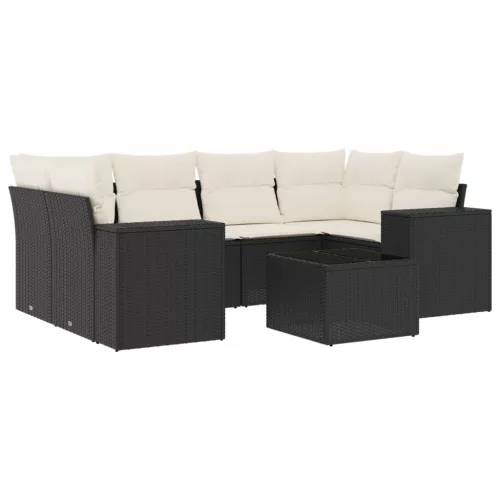  7 részes fekete polyrattan kerti ülőgarnitúra párnával