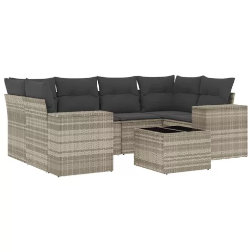  7 részes világosszürke polyrattan kerti ülőgarnitúra párnákkal
