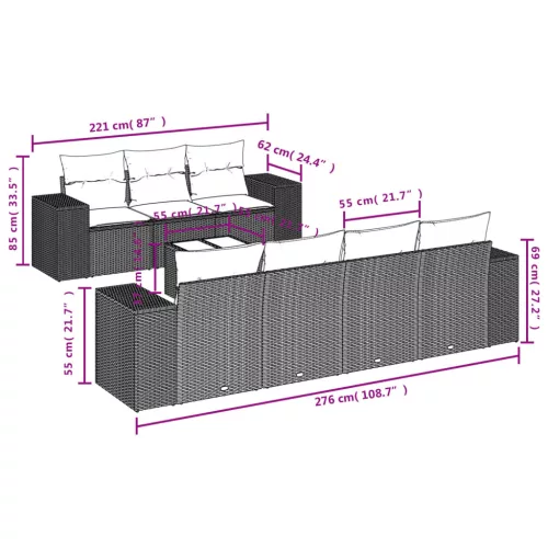  8 részes fekete polyrattan kerti ülőgarnitúra párnákkal