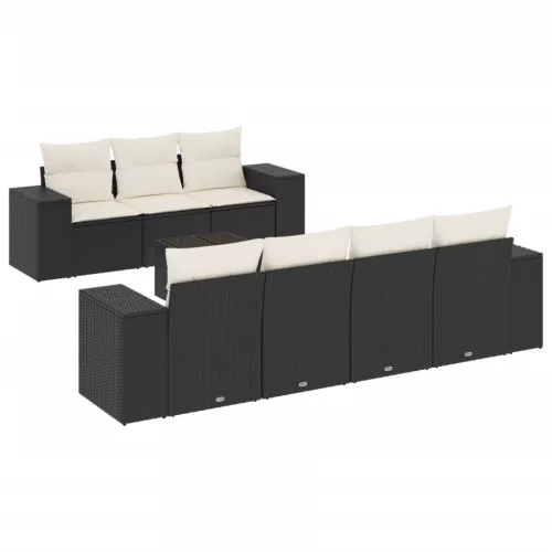  8 részes fekete polyrattan kerti ülőgarnitúra párnákkal