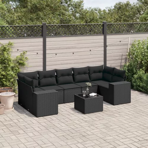  8 részes fekete polyrattan kerti ülőgarnitúra párnákkal