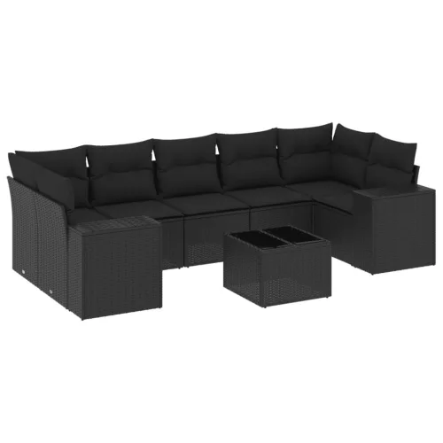  8 részes fekete polyrattan kerti ülőgarnitúra párnákkal