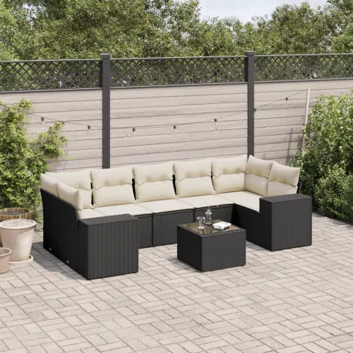  8 részes fekete polyrattan kerti ülőgarnitúra párnákkal