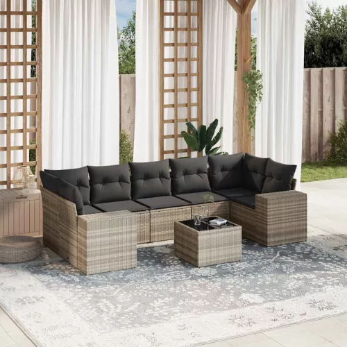  8 részes világosszürke polyrattan kerti ülőgarnitúra párnával