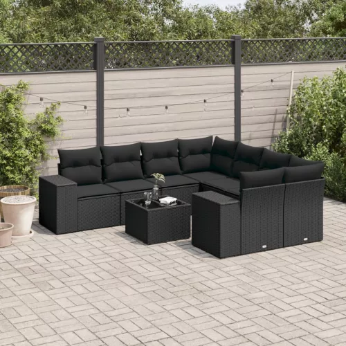  9 részes fekete polyrattan kerti ülőgarnitúra párnákkal