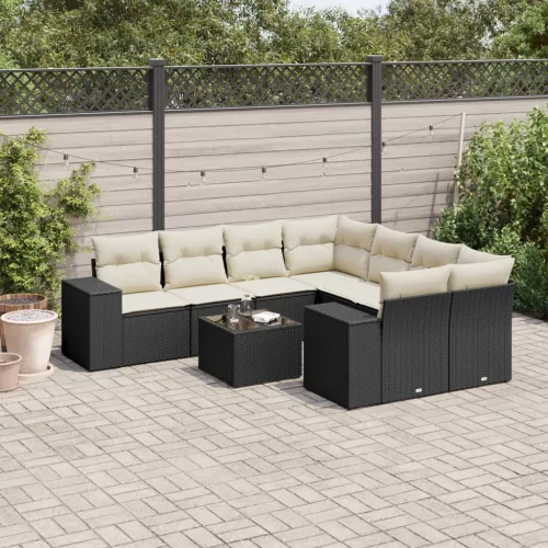  9 részes fekete polyrattan kerti ülőgarnitúra párnákkal