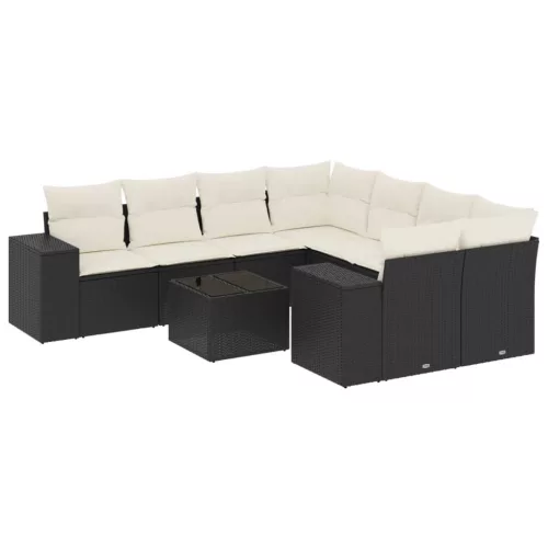  9 részes fekete polyrattan kerti ülőgarnitúra párnákkal