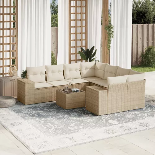  9 részes bézs polyrattan kerti ülőgarnitúra párnákkal
