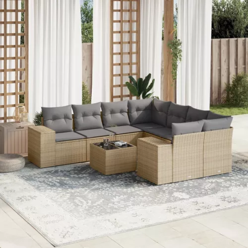  9 részes bézs polyrattan kerti ülőgarnitúra párnákkal