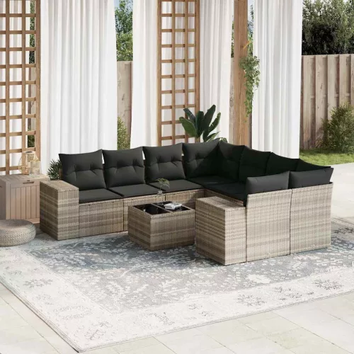  9 részes világosszürke polyrattan kerti ülőgarnitúra párnával