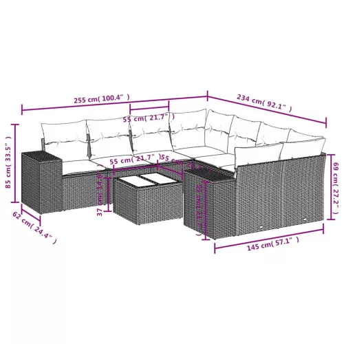  9 részes világosszürke polyrattan kerti ülőgarnitúra párnával