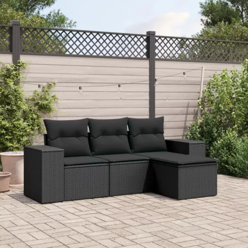  4 részes fekete polyrattan kerti ülőgarnitúra párnákkal