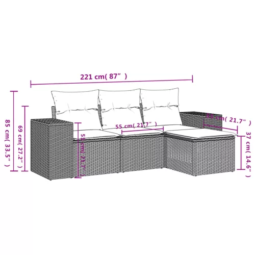  4 részes fekete polyrattan kerti ülőgarnitúra párnákkal