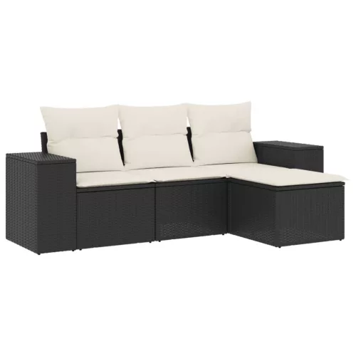  4 részes fekete polyrattan kerti ülőgarnitúra párnákkal