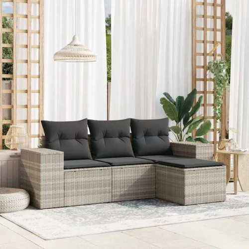  4 részes világosszürke polyrattan kerti ülőgarnitúra párnákkal