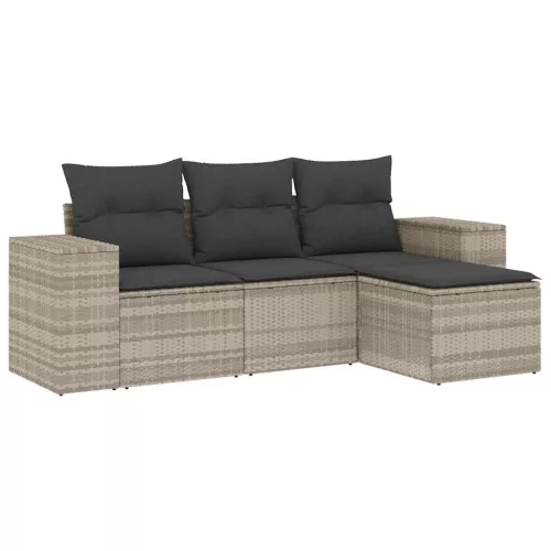  4 részes világosszürke polyrattan kerti ülőgarnitúra párnákkal