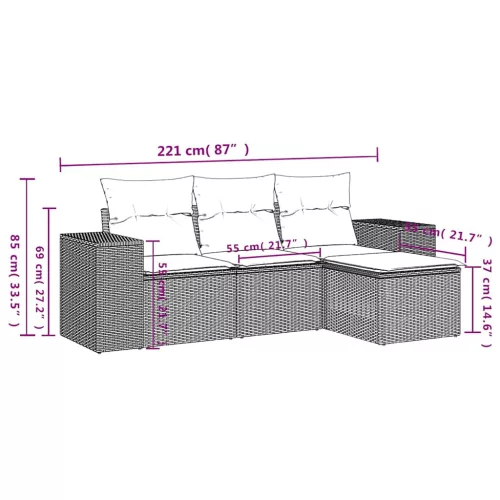  4 részes világosszürke polyrattan kerti ülőgarnitúra párnákkal
