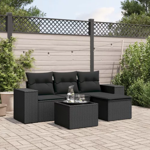  5 részes fekete polyrattan kerti kanapészett párnákkal