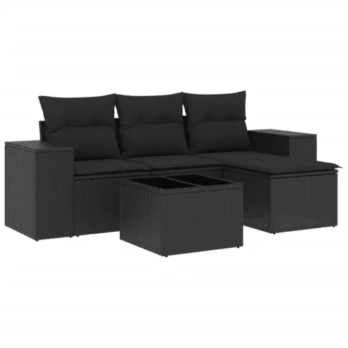  5 részes fekete polyrattan kerti kanapészett párnákkal