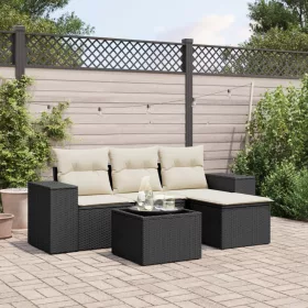  5 részes fekete polyrattan kerti kanapészett párnákkal