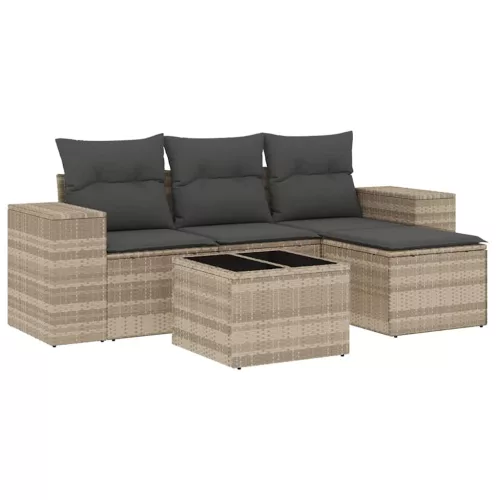  5 részes világosszürke polyrattan kerti ülőgarnitúra párnákkal